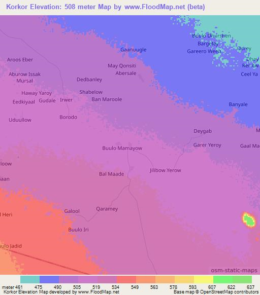 Korkor,Somalia Elevation Map