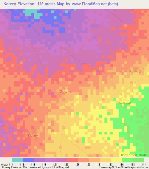 Koreey,Somalia Elevation Map