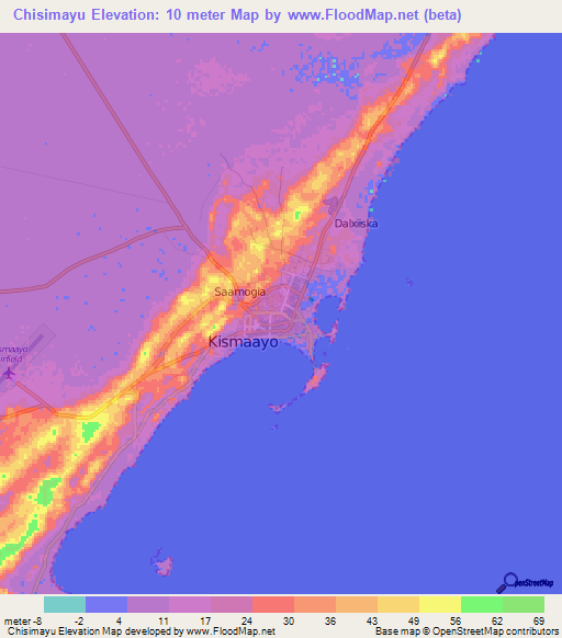 Chisimayu,Somalia Elevation Map