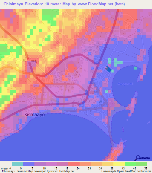 Chisimayu,Somalia Elevation Map
