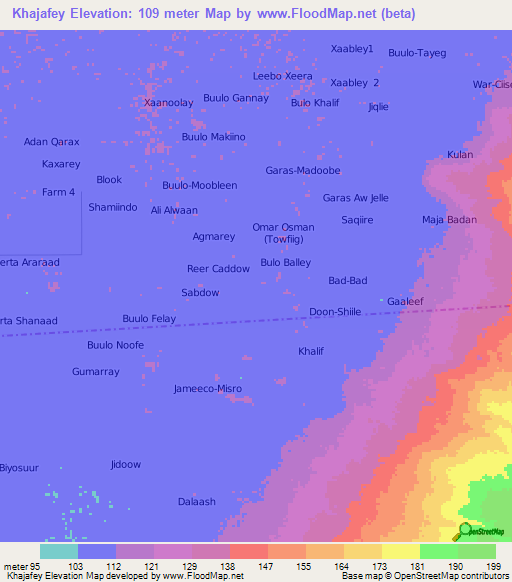 Khajafey,Somalia Elevation Map
