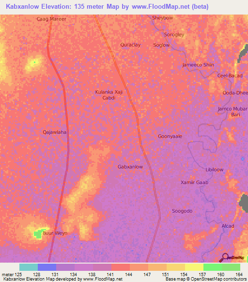 Kabxanlow,Somalia Elevation Map