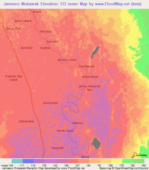Jameeco Mubaarak,Somalia Elevation Map