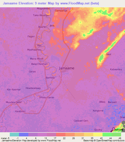 Jamaame,Somalia Elevation Map