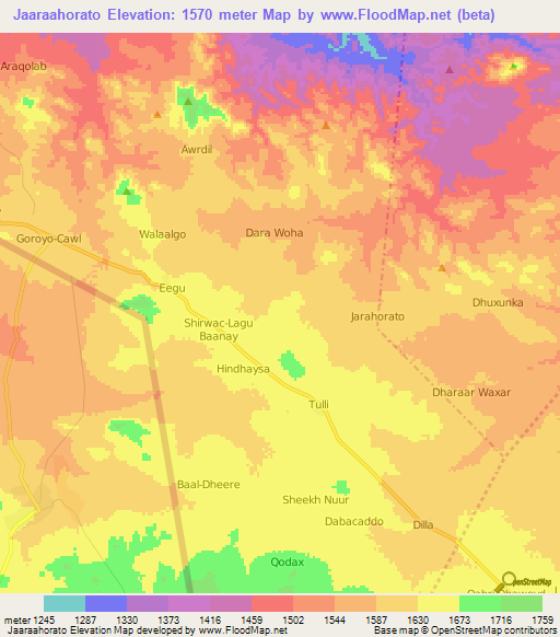 Jaaraahorato,Somalia Elevation Map
