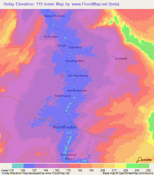 Hufay,Somalia Elevation Map