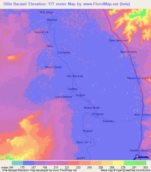 Hilla Bacaad,Somalia Elevation Map