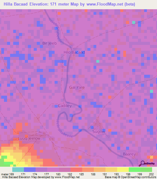 Hilla Bacaad,Somalia Elevation Map