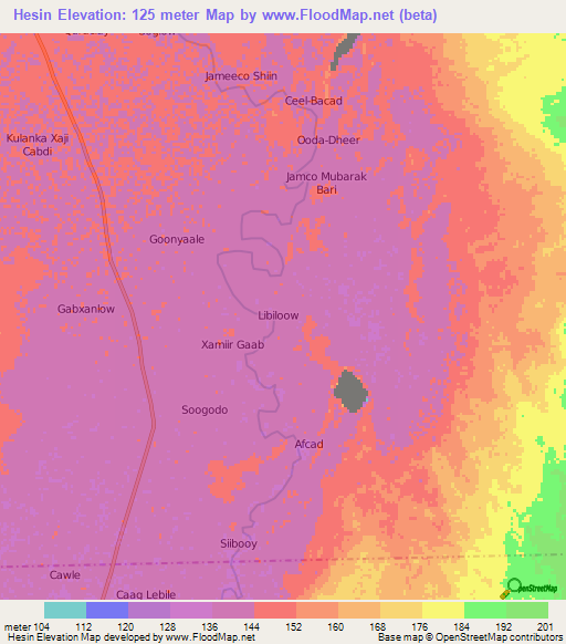 Hesin,Somalia Elevation Map