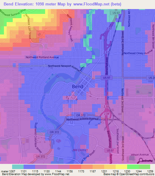 Bend,US Elevation Map