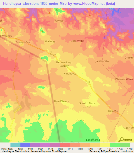 Hendheysa,Somalia Elevation Map