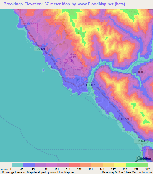 Brookings,US Elevation Map