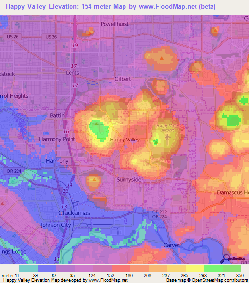 Happy Valley,US Elevation Map