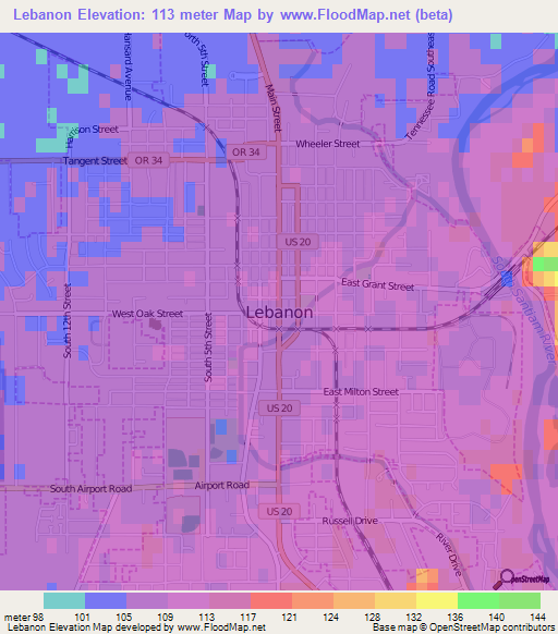 Lebanon,US Elevation Map