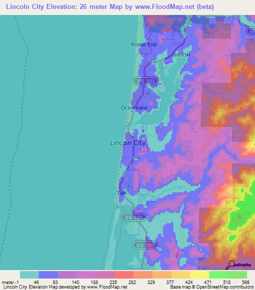 Lincoln City,US Elevation Map