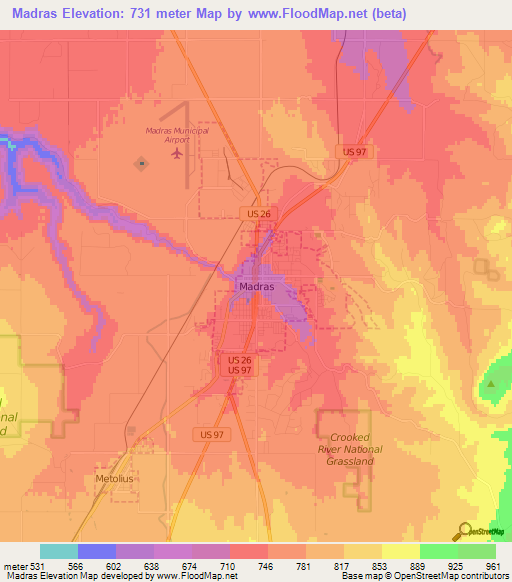 Madras,US Elevation Map