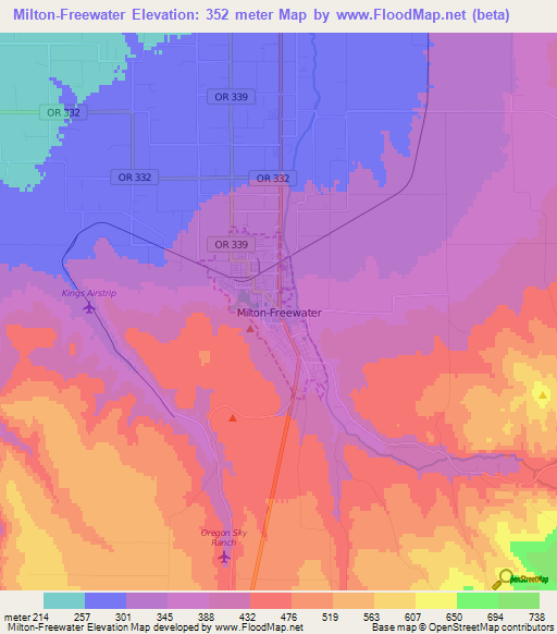 Milton-Freewater,US Elevation Map