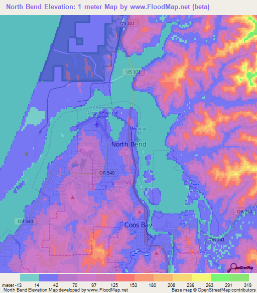 North Bend,US Elevation Map