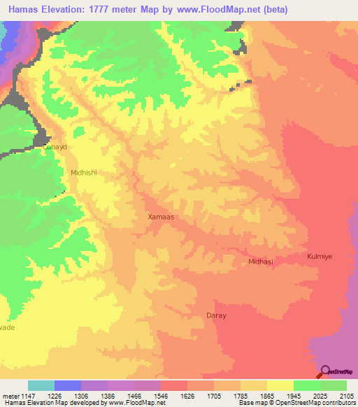 Hamas,Somalia Elevation Map