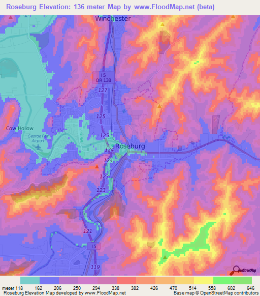 Roseburg,US Elevation Map