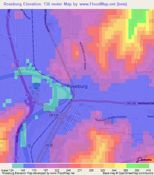 Roseburg,US Elevation Map