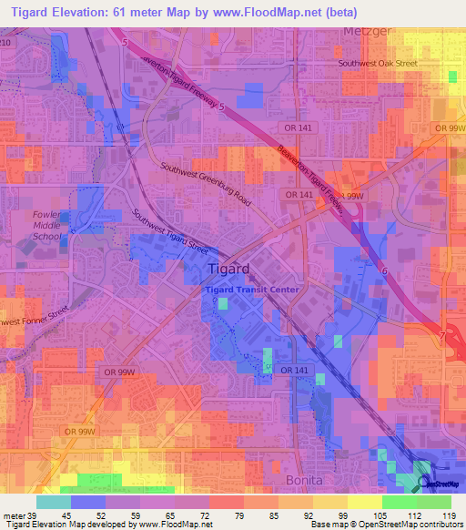 Tigard,US Elevation Map