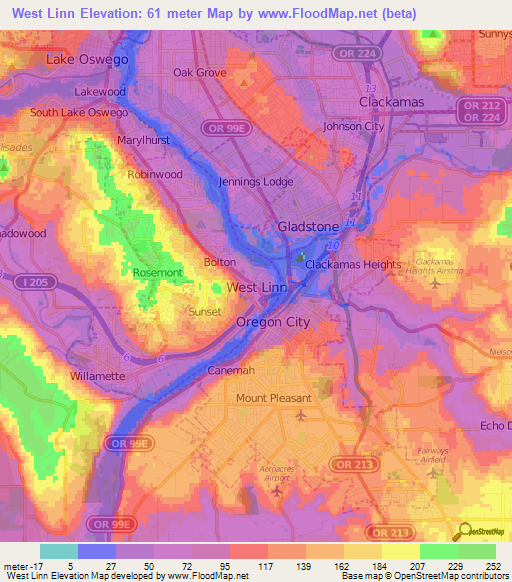 West Linn,US Elevation Map