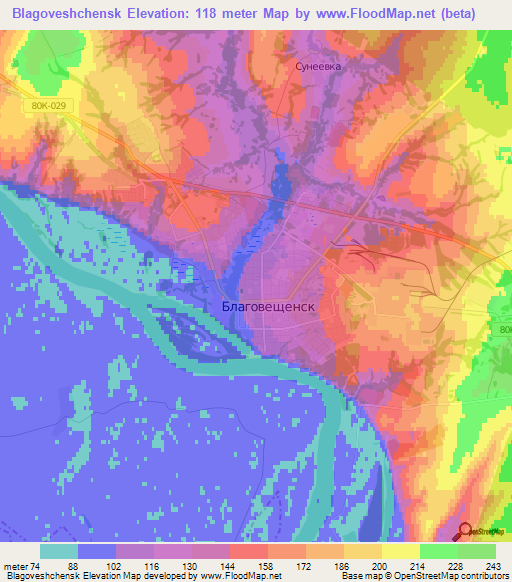 Blagoveshchensk,Russia Elevation Map