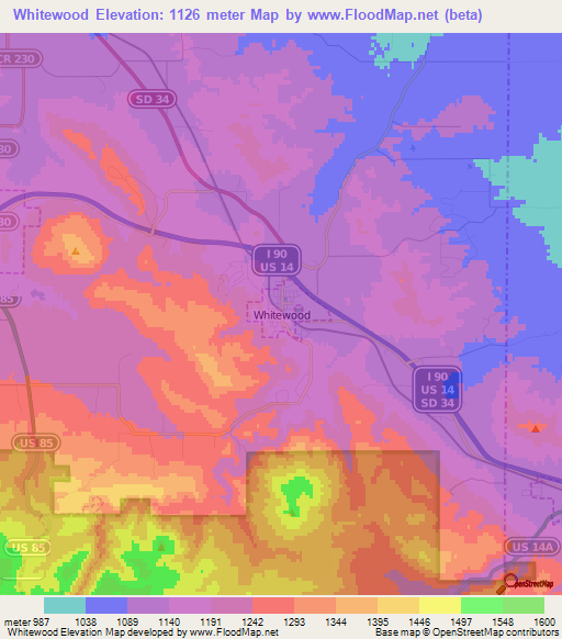 Whitewood,US Elevation Map