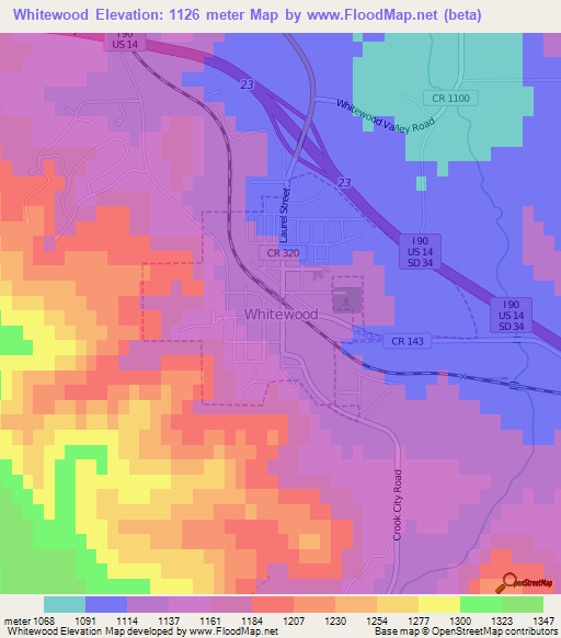 Whitewood,US Elevation Map
