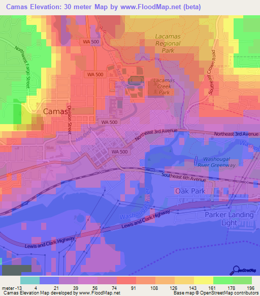 Camas,US Elevation Map