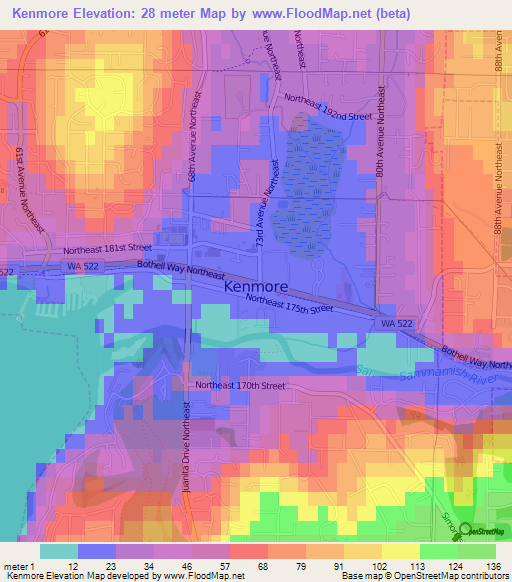 Kenmore,US Elevation Map