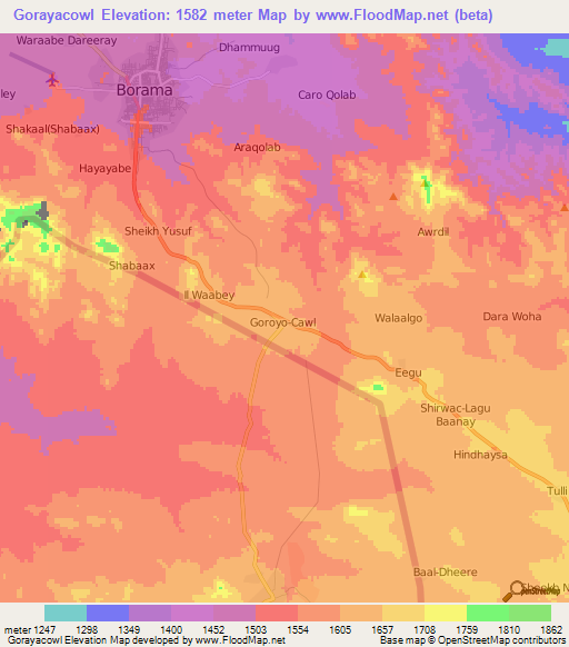 Gorayacowl,Somalia Elevation Map