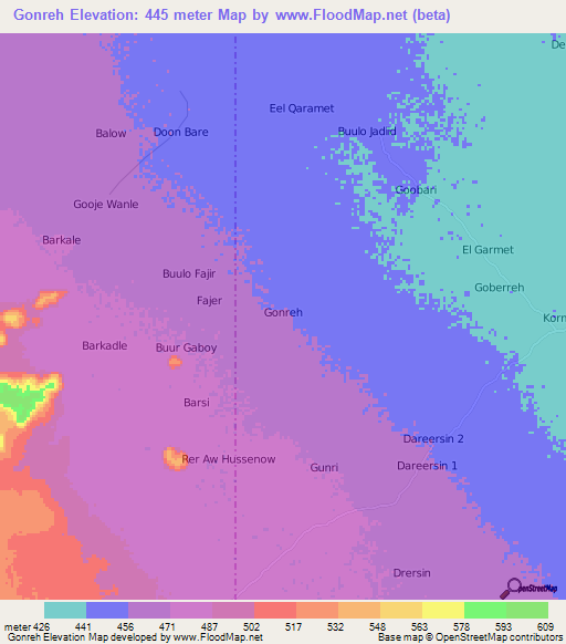 Gonreh,Somalia Elevation Map