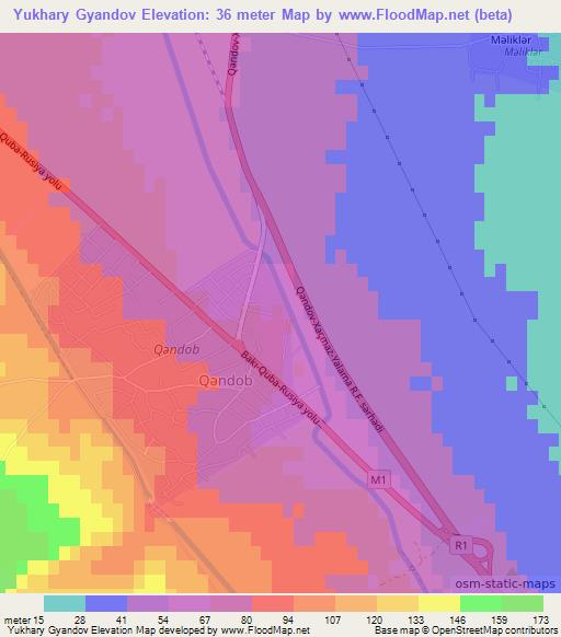 Yukhary Gyandov,Azerbaijan Elevation Map