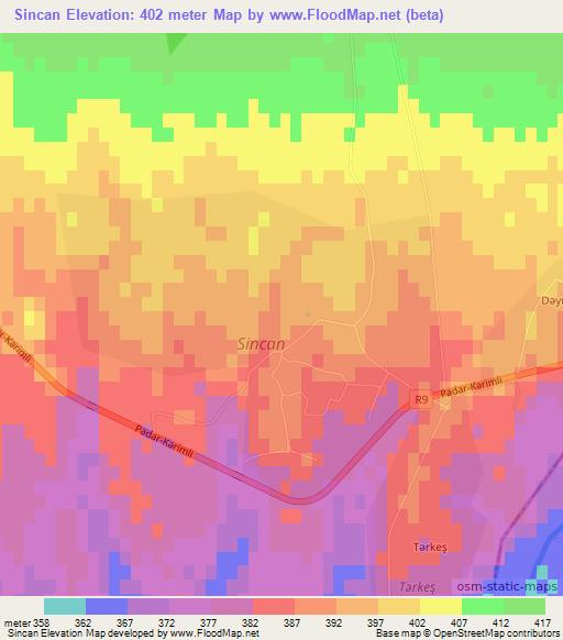 Sincan,Azerbaijan Elevation Map