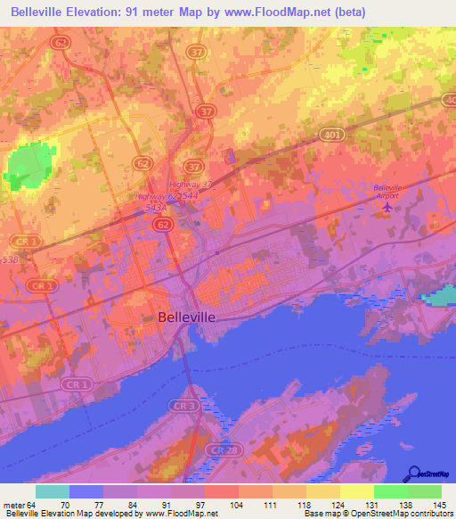 Belleville,Canada Elevation Map