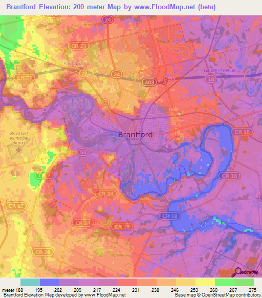 Brantford,Canada Elevation Map