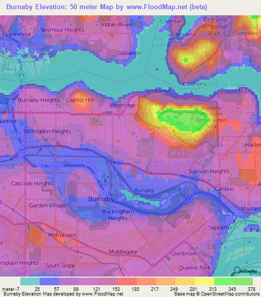 Burnaby,Canada Elevation Map