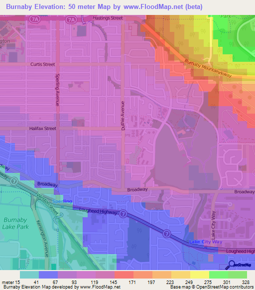 Burnaby,Canada Elevation Map