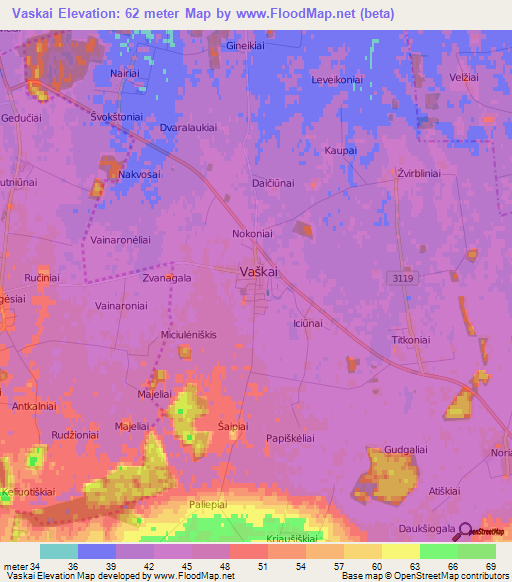 Vaskai,Lithuania Elevation Map