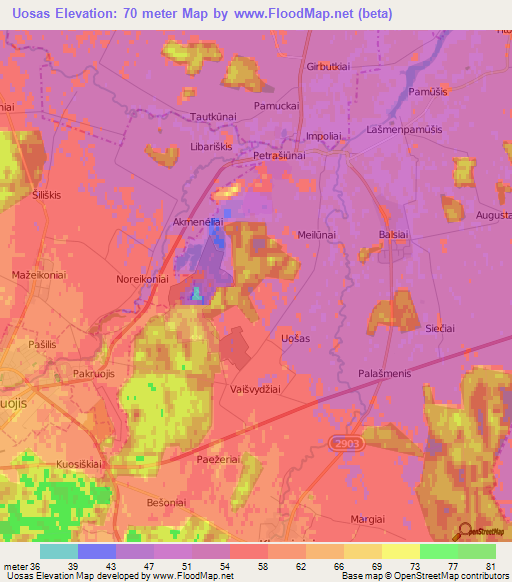 Uosas,Lithuania Elevation Map