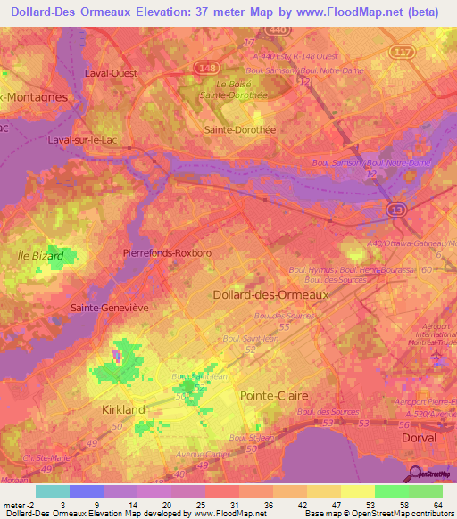 Dollard-Des Ormeaux,Canada Elevation Map