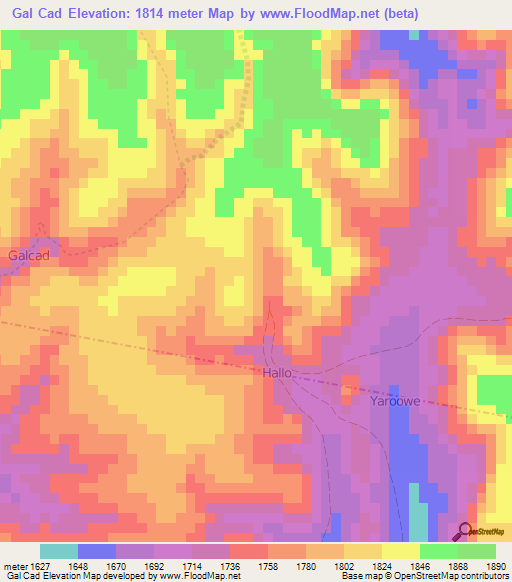 Gal Cad,Somalia Elevation Map