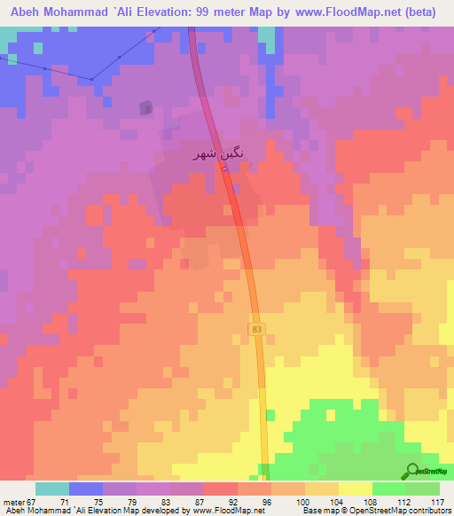 Abeh Mohammad `Ali,Iran Elevation Map