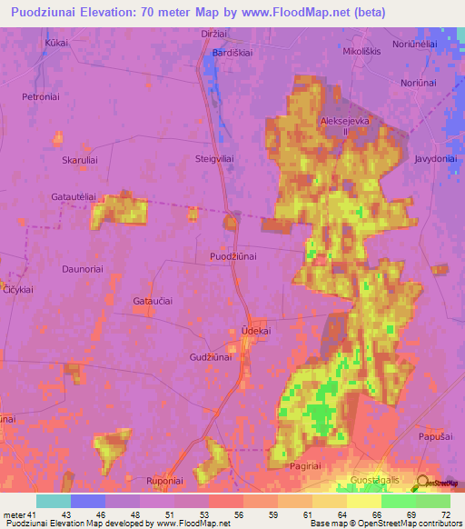 Puodziunai,Lithuania Elevation Map