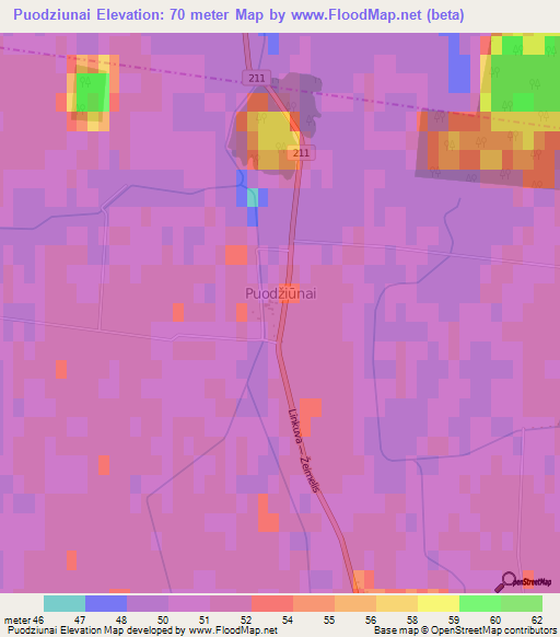 Puodziunai,Lithuania Elevation Map