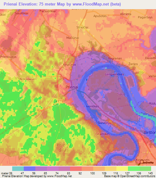 Prienai,Lithuania Elevation Map