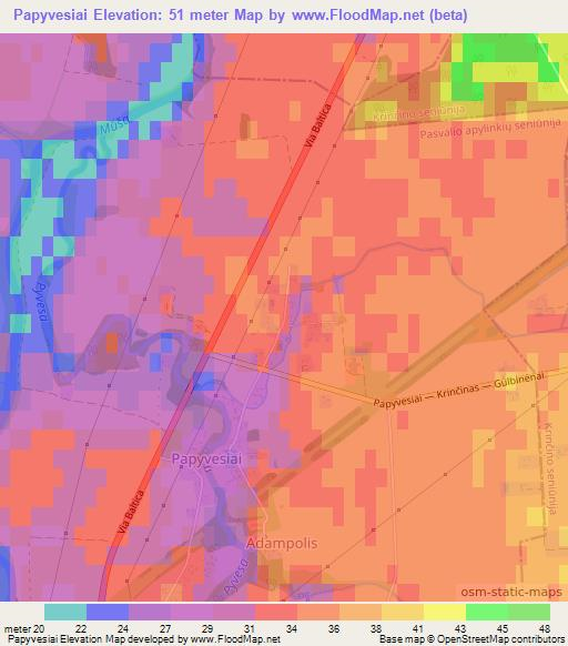 Papyvesiai,Lithuania Elevation Map