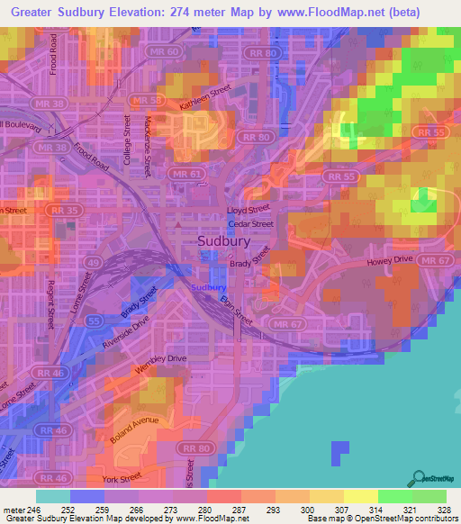 Greater Sudbury,Canada Elevation Map